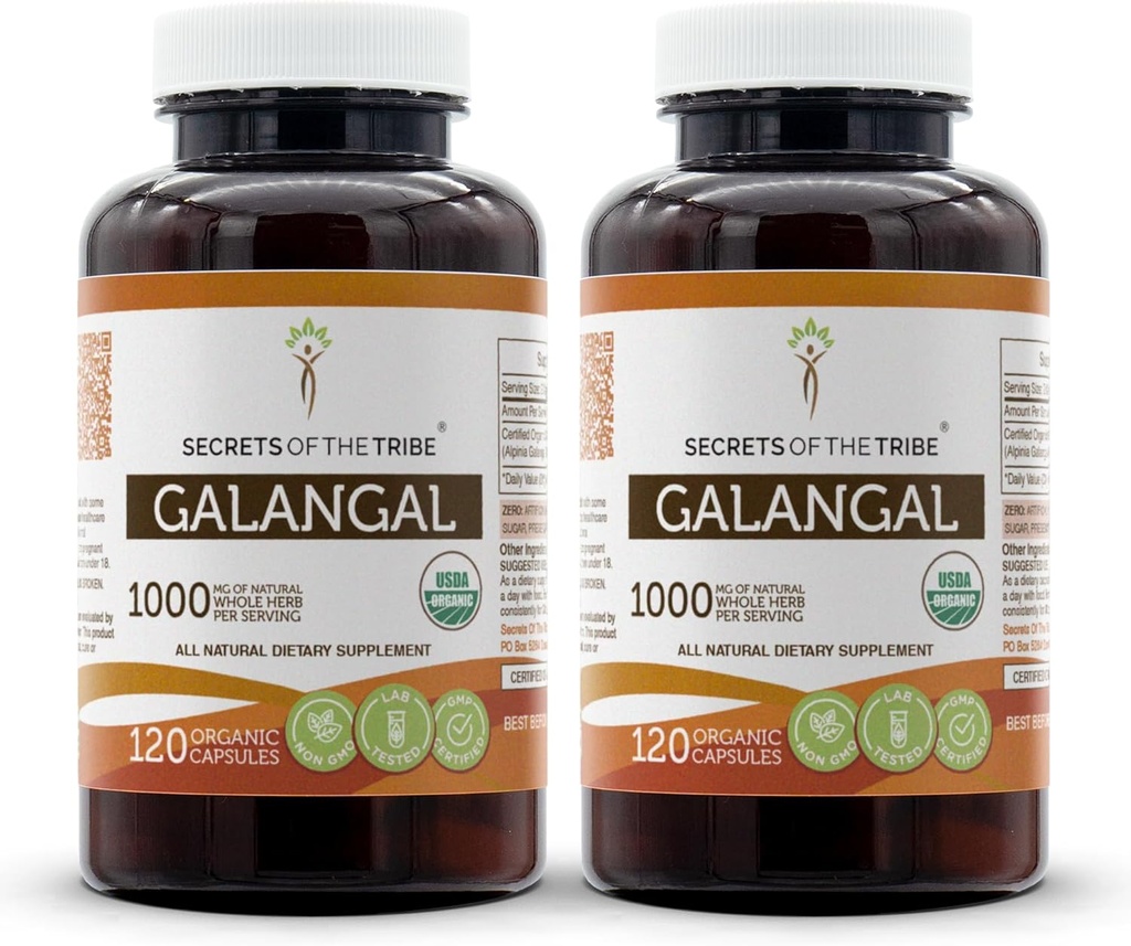 Tajemnice Tribe Galangal USDA Organic 120 Kapsułki (2 szt.) 124; Made with Vegetarian Capsules and Certified Organic Galangal (Alpinia Galangal) Suszony Korzeń (2x120 Kapsułki)