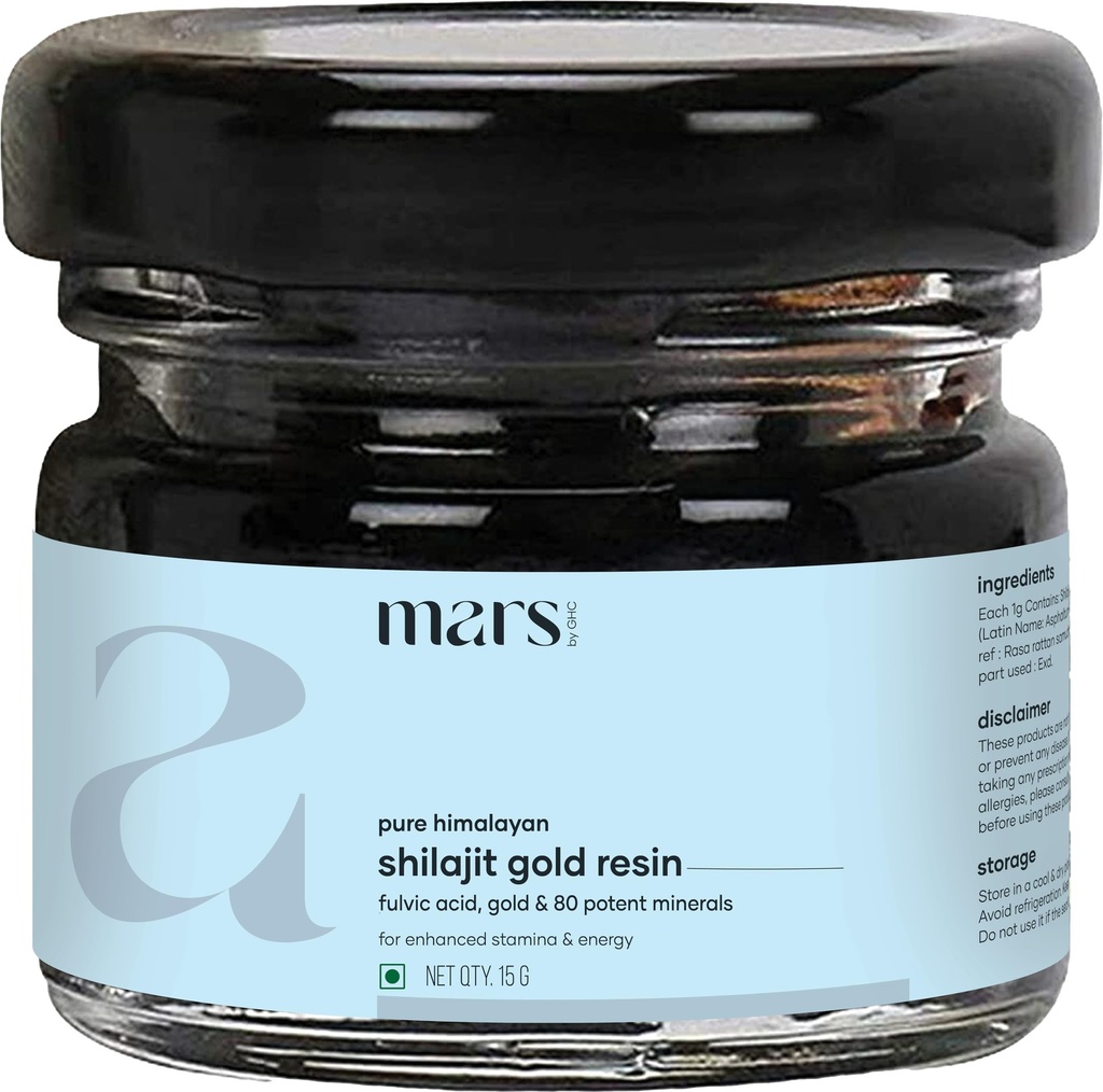 Mars Himalayan Shilajit Gold Resin - Organicznie Wyczerpany z Himalayas Wysokiej Wysokości 124; Wsparcie Naturalnej Energii, Witalność & Wellness 124; 15g - Opakowanie z 1