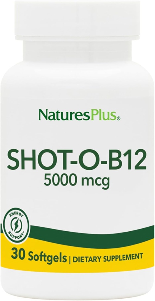 Natury Plus Shot- O- B12 (Cyanokobalamina) - 5000 µg, 30 Softgels - Wysoka potencja, szybko działające B12 Suplement - Pamięć i energia Booster - Gluten- Free - 30 Służenie
