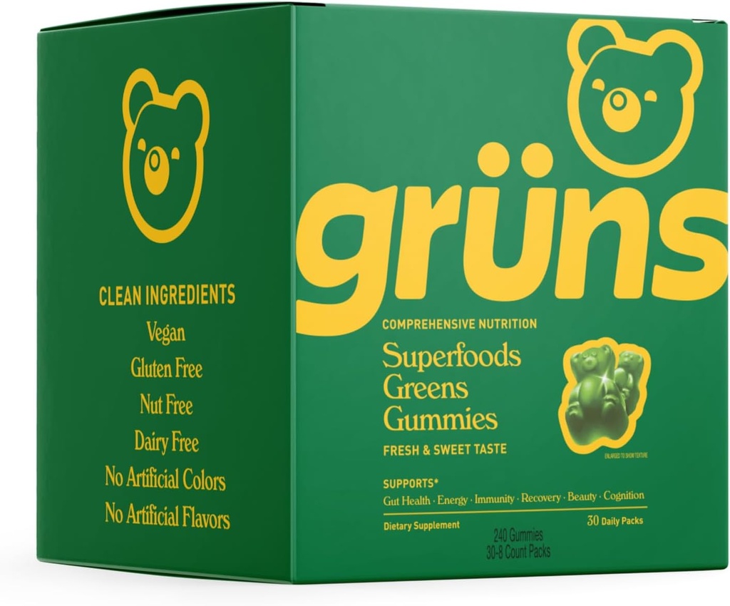 Gruns Super Zielone Gummy Bears - Organic Spirulina i Chlorella, Prebiotyki dla zdrowia trawiennego, 20 + Witaminy i Minerały - 30 saszetek - 240 Gummies