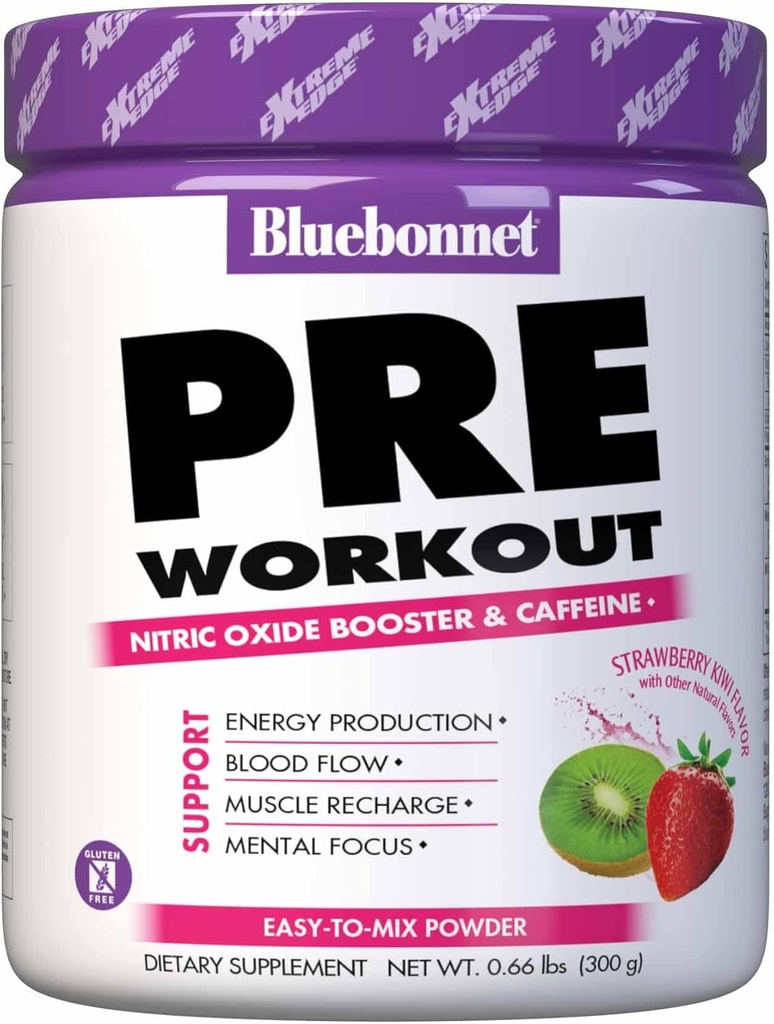 Bluebonnet Nutrition Extreme Edge pre Workout, Muscle Recharging Formula *, Zwiększa poziom tlenku azotu (NO) *, Soy- Free, Dairy- Free, Truskawka Kiwi, 30 Służenie, 10.56 Ounce