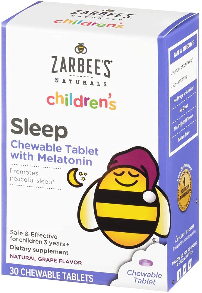 Dzieci Zarbee 1mg Melatonina do żucia Tablet, Beznarkotykowy i skuteczny suplement do snu, Łatwe do podjęcia naturalnych tabletek aromatu winogronowego dla dzieci w wieku 3 lat i w górę, 30