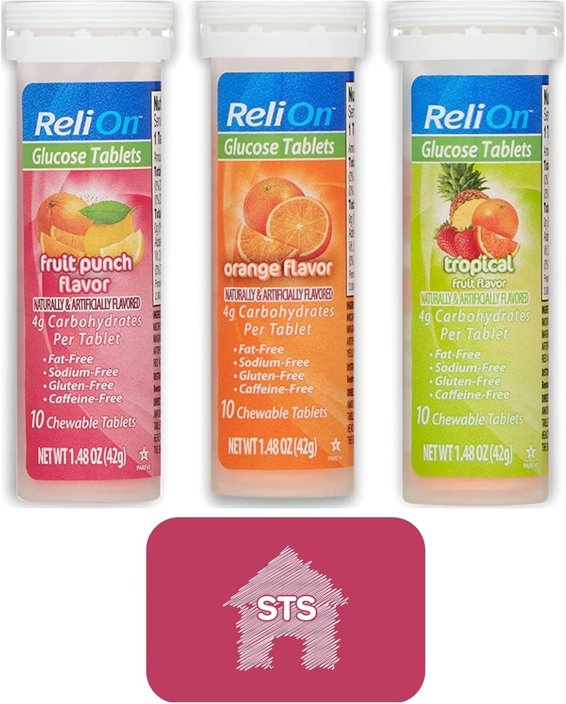 Relion Tabletki glukozy (Mix Flavors) Pomarańczowy, Tropikalny i owocowy Punch - Razem 30 Tabletki + STS Naklejka.