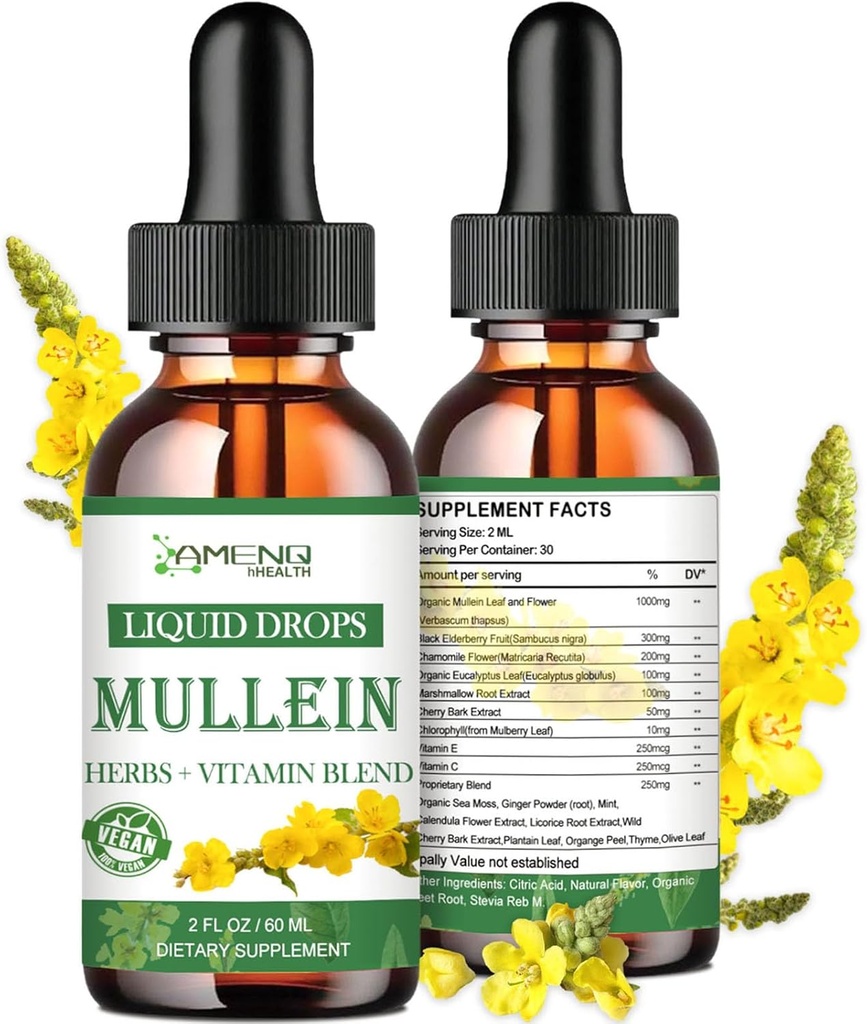 Mullein Drops for Lungs, Potężny detox Lung Cleanse for Smoker, Organic Mullein and Chlorophyll Drops for Lungs, Mullein Leaf Extract for Lung & Bronchia, Oddech, Immune Boost 2 FL / OZ