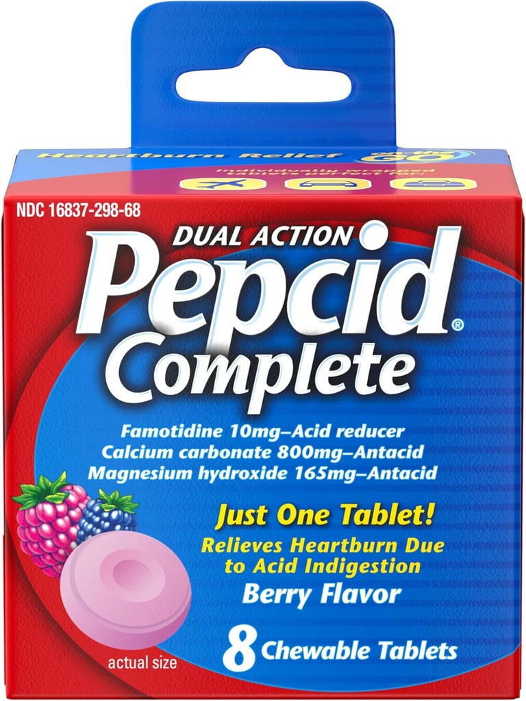 Pepcid Complete Acid Reducer + Antacid for Acid Refluke, 10 mg Famotydyna, 800mg Karbonian wapnia i 165mg Hydroksyd magnezu na tabletkę z lekiem Heartburn, Antacid Chews, Berry, 8 µg
