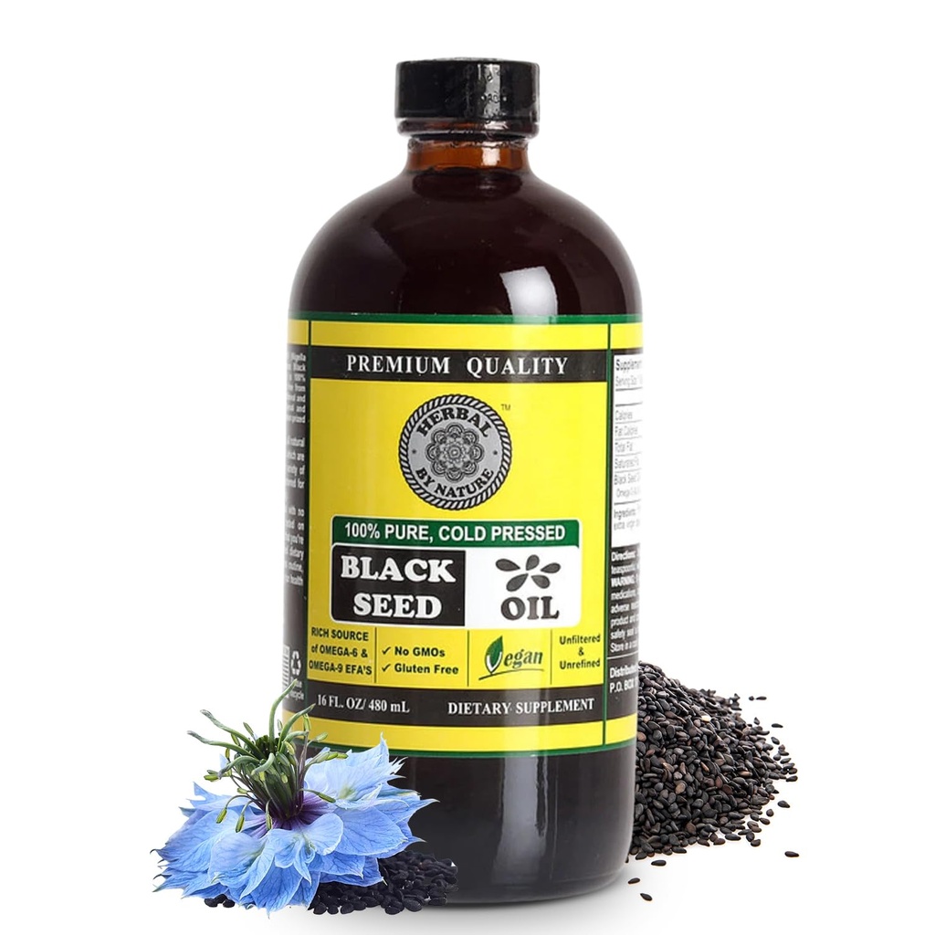 Czysty olej z nasion czarny - 100% Czysty Nigella Sativa - Cold Pressed - Wegan - Non GMO - 16 oz - w szklanej butelce - Zioła według natury