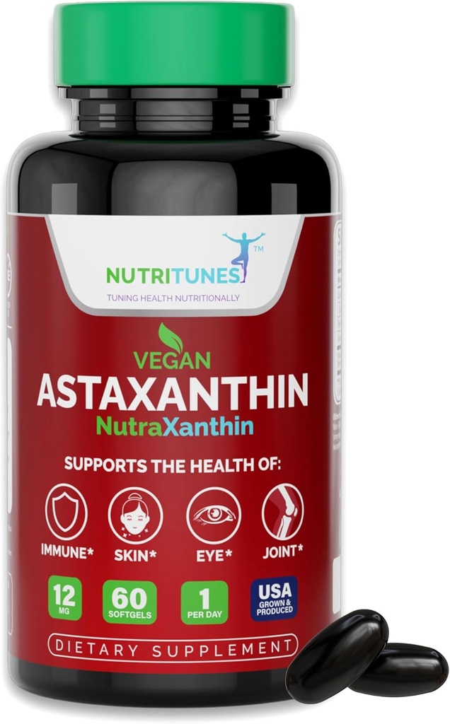 Astaksantyna 12 mg Wegan Softgels - Wysoka potencja przeciwutleniacz na skórę, Oko & Wsparcie immunologiczne - Non-GMO, wolny od gluten, Soy, Laktoza i BSE, 60 Vegan Softgels, 2-miesięczne dostawy