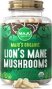 Maju Superfoods Organic Lions Mane Mushroom Capsules 90ct, Ekstrakt Steam ciał owocowych, Organic Mushrooms with Black Pepper Extract, Hericium Erinaceus