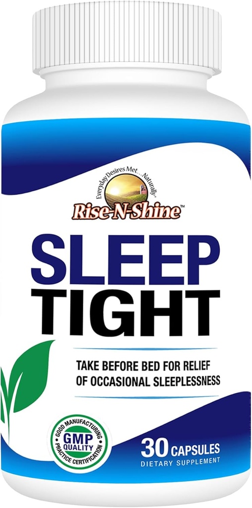 Rise-N-Shine Sleep Tight Supplement with 5 HTP, Magnesium, GABA and L-Theanine - for Women and Men - 30-Day Supply (30 Capsules)