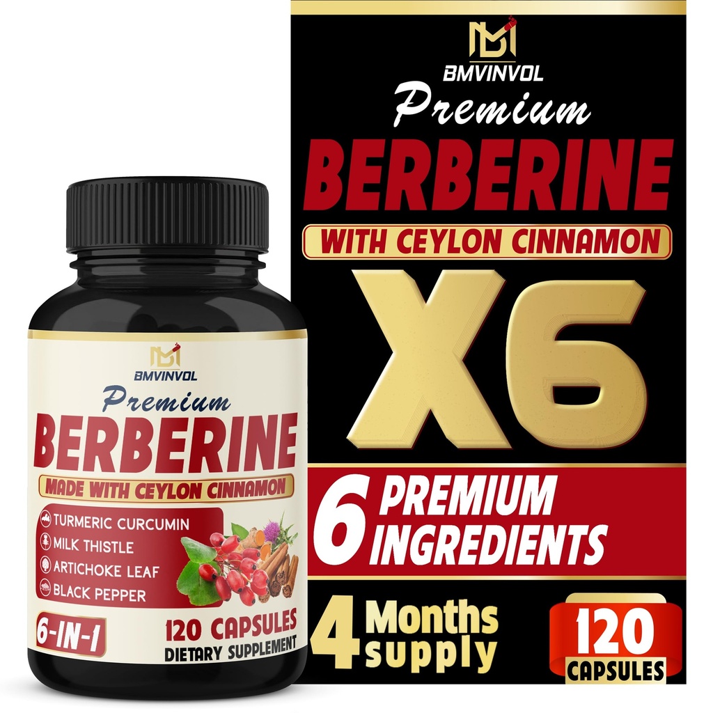 BMVINVOL 6in1 Berberine Supplement with Ceylon Cynamon, Tumeric Root, Otyłek mleczny, Karczoch, Pieprz czarny -120 Kapsułki dla 4 miesięcy dostaw