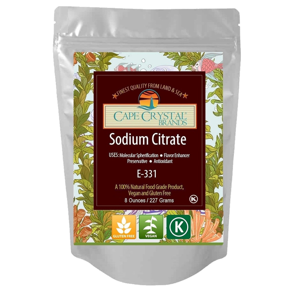 Cytrynian sodu 100% Stopień spożywczy 124; Zapobiega wczesnej żelacji w sferyfikacji - Kosher Certified (8 Oz)