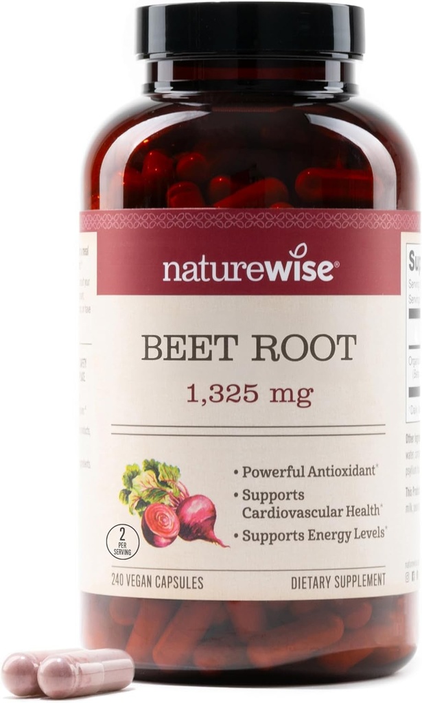 NatureWise Beet Korzeń kapsułki 1325mg z organicznym buraka buraczanego - Azoksyd azotu do cyrkulacji i wsparcia zdrowia serca - Wegan, Gluten- Free, Non-GMO - 240 Kapsułki [120 Day Supply]