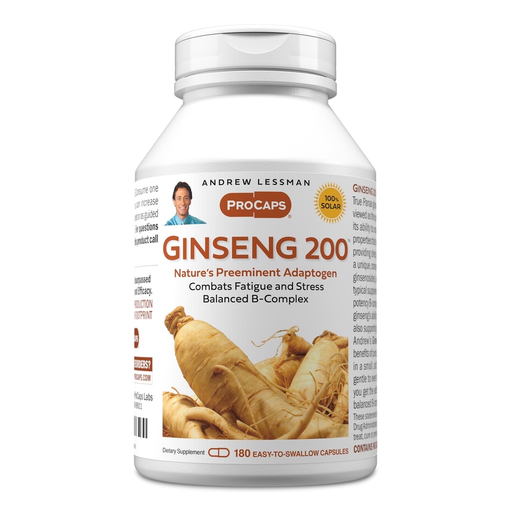 ANDREW LESSMAN Ginseng 200mg - 180 kapsułek - standardowy ekstrakt do wspierania Well- Being. Adaptogen, Combats Fatigue and Stress. Delikatne, małe, easy- to- Połknięcie kapsułek. Brak dodatków