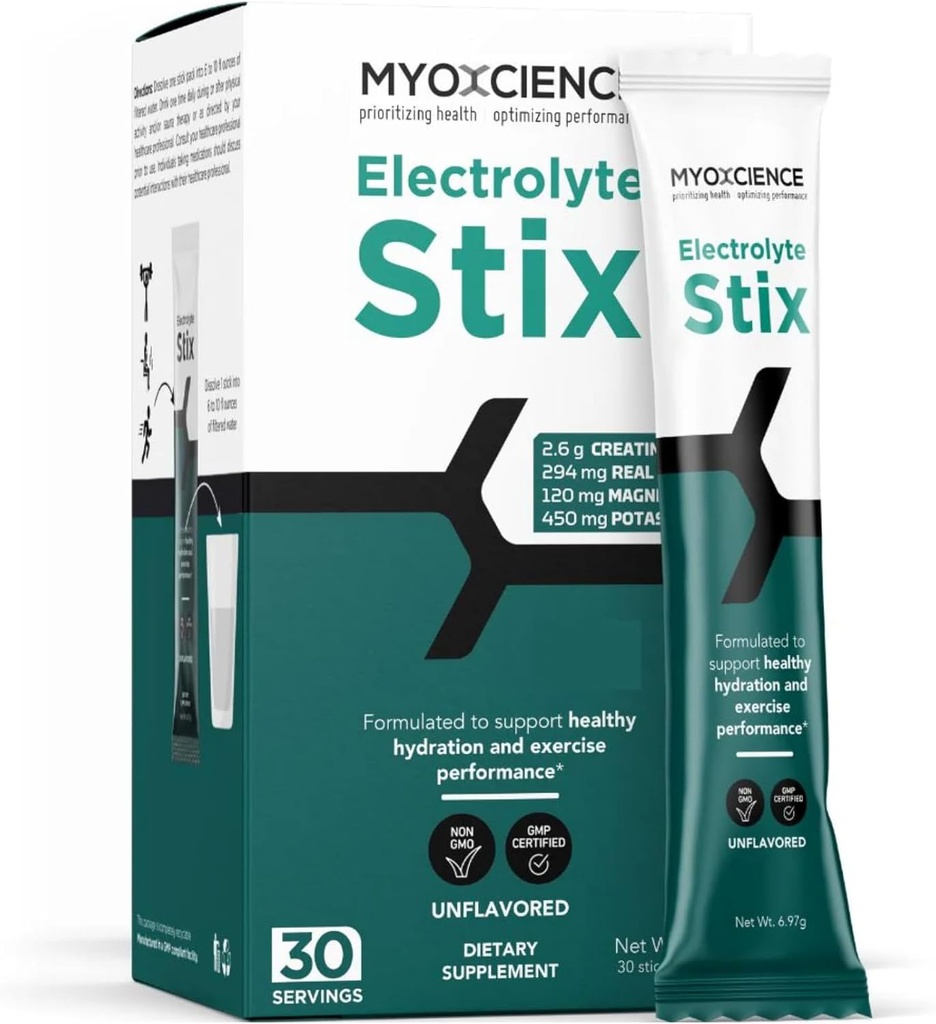 MyoXCIENCE Electrolyte STIX STIX 124; Proszek elektrolitowy kreatryny 124; Odzysk z ćwiczeń i rozwoju mięśni w / Real Salt (Unflavored) (Stix 30 ct)