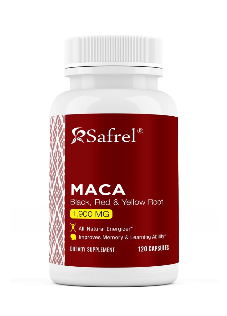 Safrel Organic Maca Root Black, Red, Yellow 1900 MG per Serving - 120 Kapsułki Vegan Peruwiański Maca Root Żelatynizowany 100% Czysty nie- GMO Wspiera Reproductive Health Natural Energizer