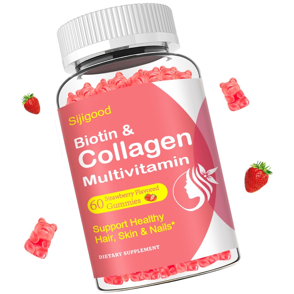 Kolagen Gummie dla kobiet Mężczyźni, Kobiety powyżej 50, Kolagen Peptydy Białko typu I, II, III, V, X z Biotin Keratin Witamina C A D E B12 K2 dla skóry Nails Immunitety Energy 60 Truskawkowe Gumumie aromatyczne