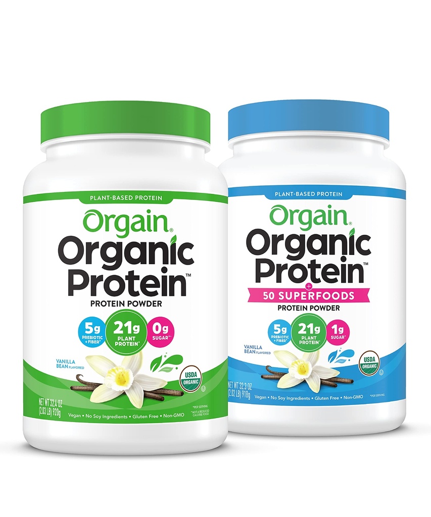 Orgain Organic Vegan & Organic Protein + Superfoods proszki, Vanilla Bean Flavors - roślinne białko oparte, Gluten Free