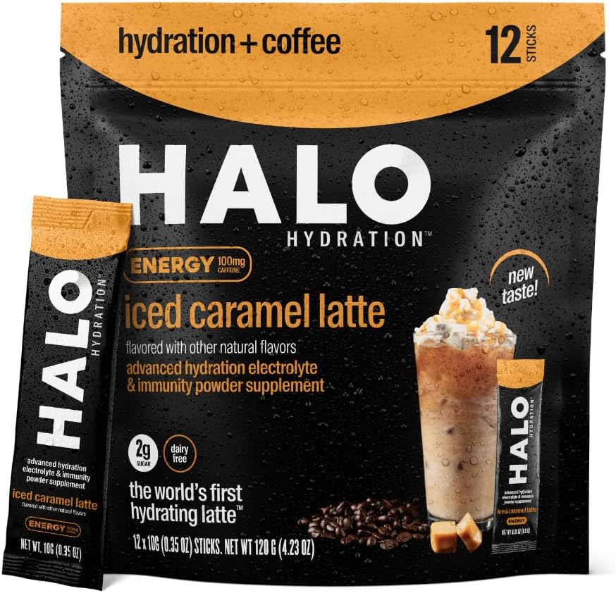 HALO Karmel lodowy Latte - Energy Drink Powder - Zdrowa mieszanka kawy do nawadniania elektrolitami, kofeiną, witaminami i minerałami - 20 Kalorii - Keto i Low Calorie - 1 x 12 Sticks