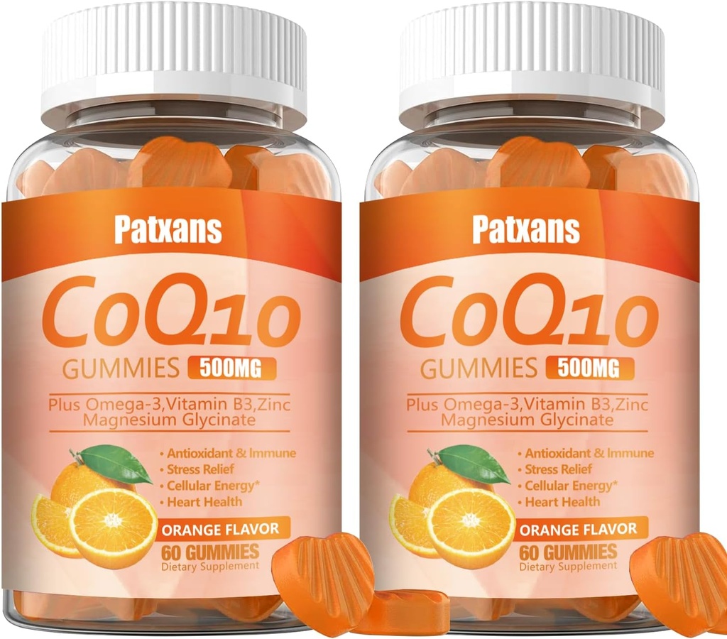 2 Opakowania 500MG CoQ10 Suplement Gumies, Omega-3, Magnez, Witamina B3, Cynk, Ultra Wysoka Absorpcja Zapewnia zdrowe wsparcie dla serca, Komórka Energia Przeciwutleniacze, 120Cts.