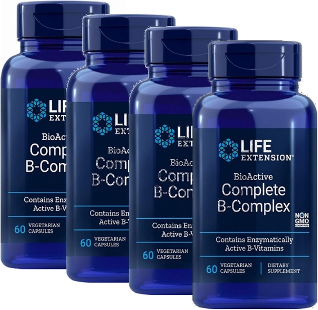 Rozbudowa życia BioActive Complete B Complex Najbardziej kompletny B Complex Formuła 60 Kapsułki wegetariańskie 4- Pak
