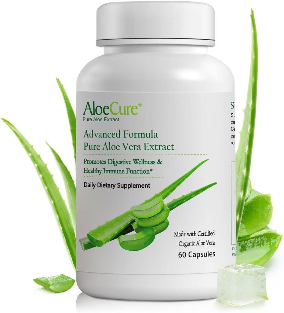 AloeCure Organic Aloe Vera kapsułki, 130,000mg Inner Aloe Leaf Equivelant per Serving, Support Gut Health & Digestive Comfort, Buffer kwasu żołądkowego, Naturalny suplement immunologiczny, Aloin Free, 60 Kapsułki