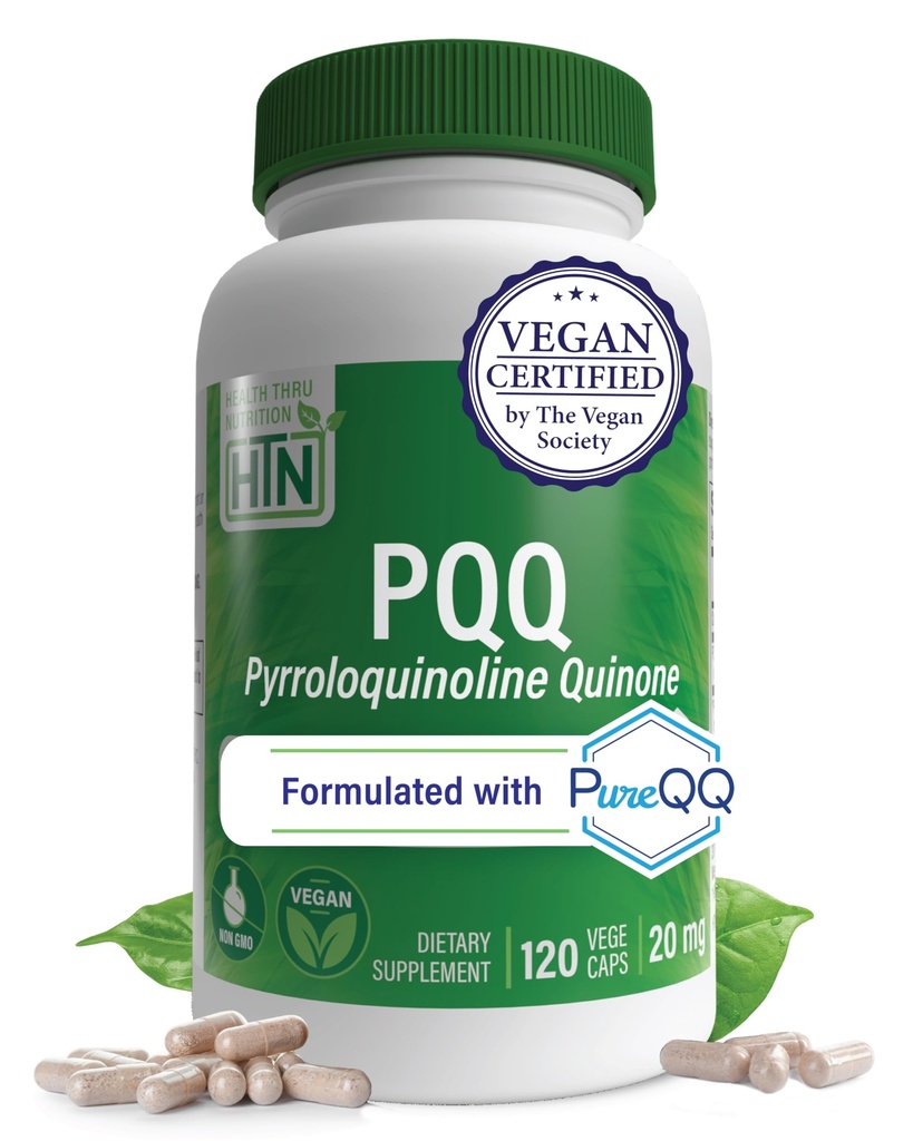 Health Thru Nutrition PQQ 20mg 120 Servings Pyrroloquinoline Quinone as PureQQ | Promotes Mitochondrial Biogenesis | Certified Vegan | Non-GMO Gluten Soy Free Capsules| Clean Label PQQ Supplement
