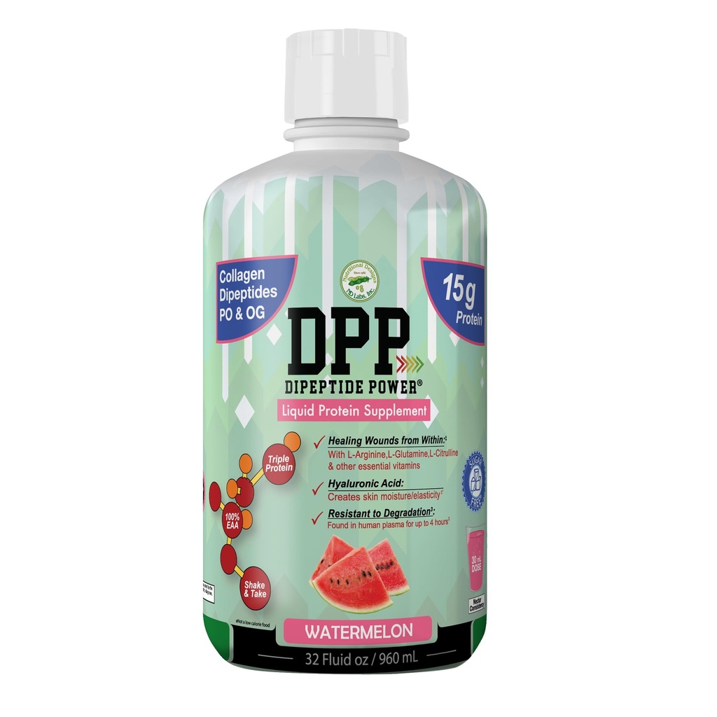 Nutritional Designs DPP Dipeptyd, Gojenie Wound- Liquid Collagen & suplement białka serwatki, Bez cukru, Promotes Healthy Skin & Hair dla mężczyzn i kobiet (Arbuz, Butelka, 32 Fl Oz)