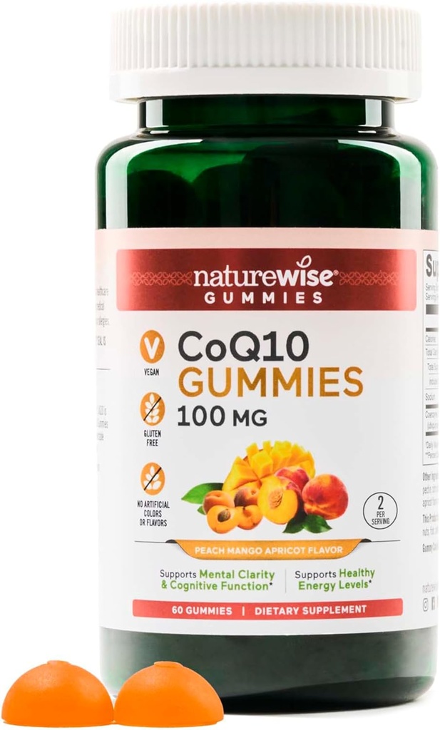 NatureWise CoQ10 Gummies 100mg - Peach Mango Flavor - Supplement for Heart Health & Antioksydant Activity - Pectin- Based, Vegan, Soy and gluten Free, Non-GMO - 60 Count [1- Month Supply]