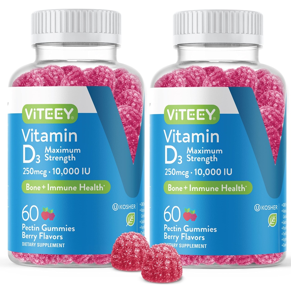 VITEEY Witamina D3 Gummie dla dorosłych i nastolatków - 10 000 IU, 250 mcg, Maksymalna moc - Joint & Muscle Health, Immune Boost - Gumie do żucia Witamina D - Wegetarianin, Żelatyna wolna - Smaczne Berry Flavored