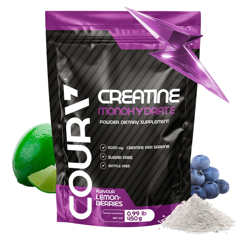 COURA Monohydrat Lemon- Jagody Flavor - Suplement sportowy - Siła i wytrzymałość - Idealny do intensywnych treningów - Gluten Free - Butelka Free - 450g
