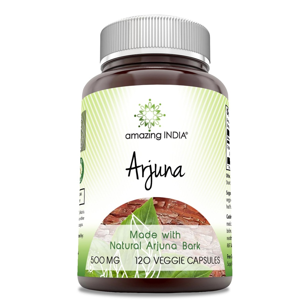Amazing India Arjuna (Made with Natural Arjuna) 500 Mg Supplement Agregat 124; Kapsułki wegetariańskie Agregat 124; Non- GMO Agregat 124; Gluten- Free Agregates 124; Made in USA (1 Pack Agregat 124; 120 Count)