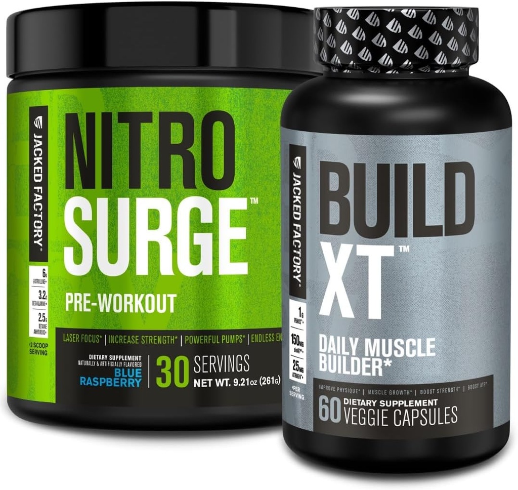 Jacked Factory Nitroshare Pre- Trening w Blue Malina & Build XT Muscle Building Bundle dla mężczyzn i kobiet