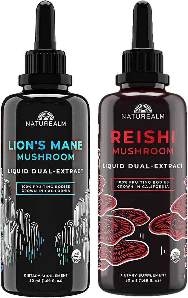 Naturalway Reishi & Lion 's Mane Mushroom Extract - Adaptogen Stack for Focus, Immunitety, Longevity, Gut Health, Anti- Aging, Energy & More - Organic Liquid Drops - 50 ml Każdy (2 opakowania)