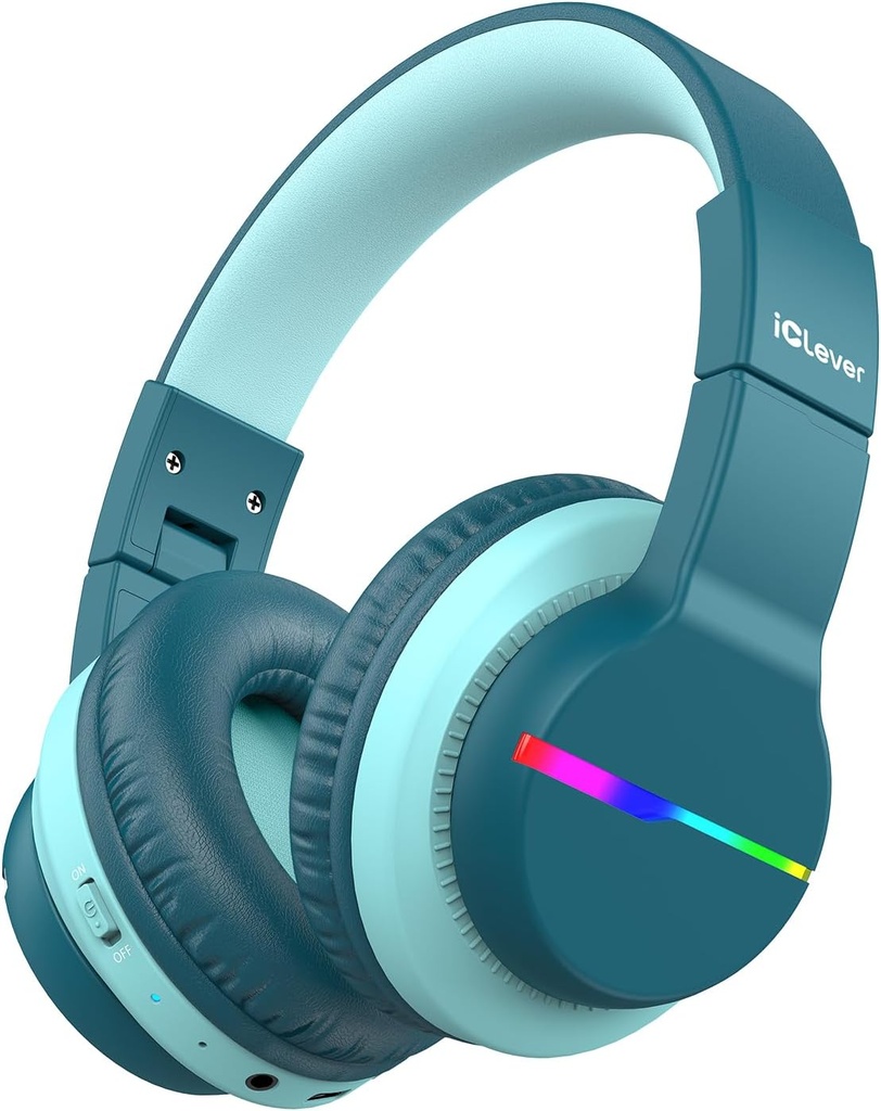 iClever BTH12 Dzieci Bluetooth słuchawki, kolorowe światła LED bezprzewodowe dzieci słuchawki, 74 / 85dBA Bezpieczna głośność, 85H Playtime, Bluetooth 5.2, Ponad słuchawki ucha Built- in Mic dla iPad / Tablet / Samolot, Zielony