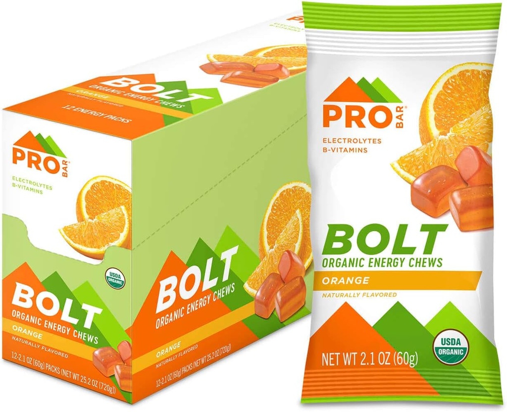 PROBAR - BOLT Organic Energy Chews, Orange, Non-GMO, Gluten- Free, USDA Certified Organic, Healthy, Natural Energy, Gummies Fast Fuel z witamin B & C (12 Count)