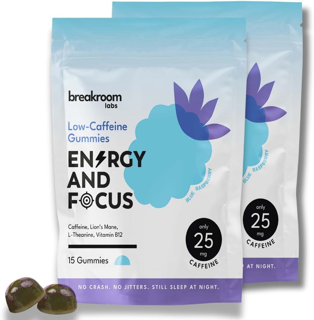 Breakroom Labs Energy and Focus Gummies - Niska kofeina 25mg w / L -Theanine, Lwy Mane, Witamina B12 - Nootropowy suplement mózgu dla dorosłych, Dzieci - Wegan, niski cukier, niebieski aromat malinowy, 30 Służenie