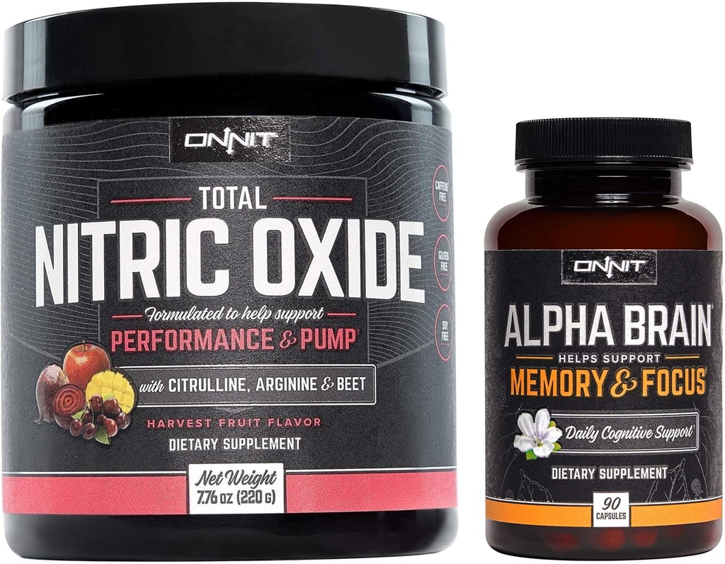 ONNIT Nootropic + Wstępny zestaw treningowy - Alpha Brain (90ct) + Całkowity tlenek azotu (owoce zbiorów)