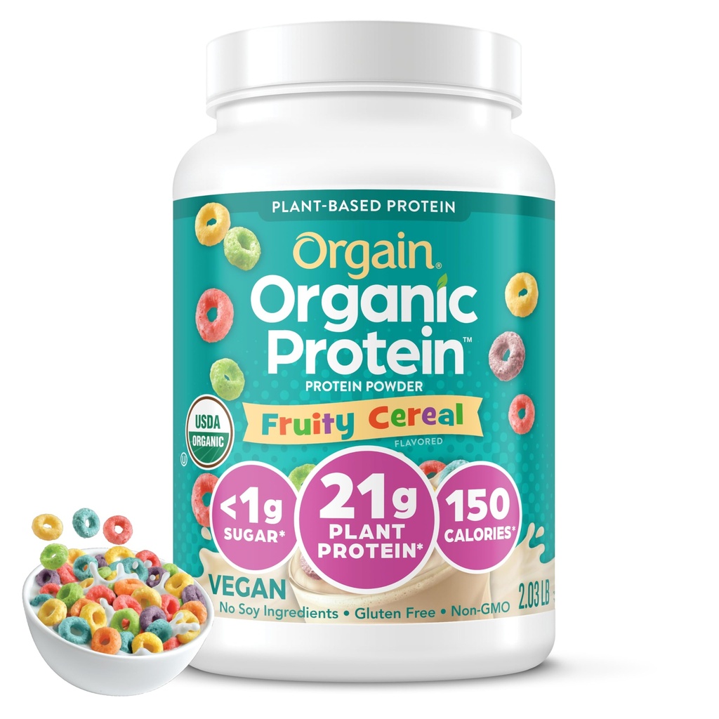 Orgain Organic Vegan Protein Powder, ziarno owocowe - 21g roślin na bazie białka, 8g włókno prebiotyczne, niskonetto węglowodory, brak składników laktozy, nie dodawany cukier, nie-GMO, dla shakes & Smoothies, 2.03 lb