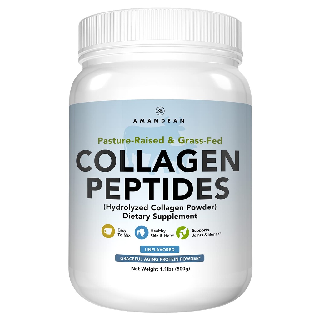 Proszek AMANDEAN Collagen Peptydes (17.6oz). Zhydrolizowany suplement proteinowy. Promuje zdrowe połączenia, skórę, włosy, paznokcie. Unflavored & Easy to Mix.