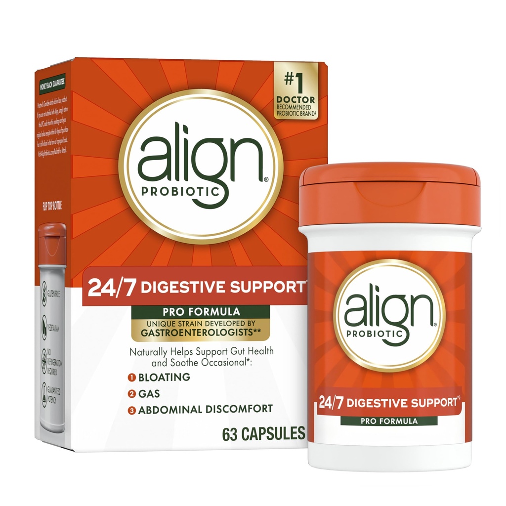 Align Probiotic, Pro Formuła, Probiotyki dla kobiet i mężczyzn, Probiotyki dla zdrowia trawiennego, Mężczyźni i Kobiety Probiotyczne Kapsułki Pomoc Relieve Okazjonalne Bloating & Gaz *, 63 Kapsułki