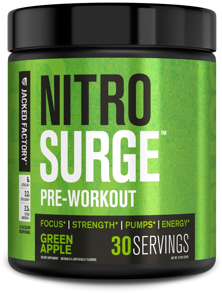 Jacked Factory NITROSURGE Prefory Workout Supplement - Endless Energy, Instant Strength Gains, Clear Focus, Intensywne pompy - NO Booster & Potężny Prettenment Energy Powder - 30 Służenia, Zielone jabłko