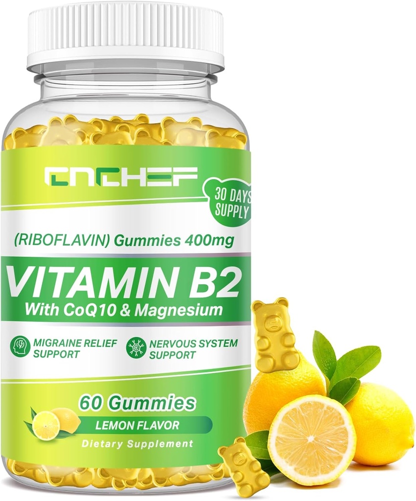 Witamina B2 Gummies dla dorosłych i dzieci - Riboflavin 400mg Suplement z Magnezu Glycinate & CoQ10, Wsparcie Migrena Relief & System nerwowy, Energia Boost, Sugar Free Vegan B2 Gummies Lemon Flavor