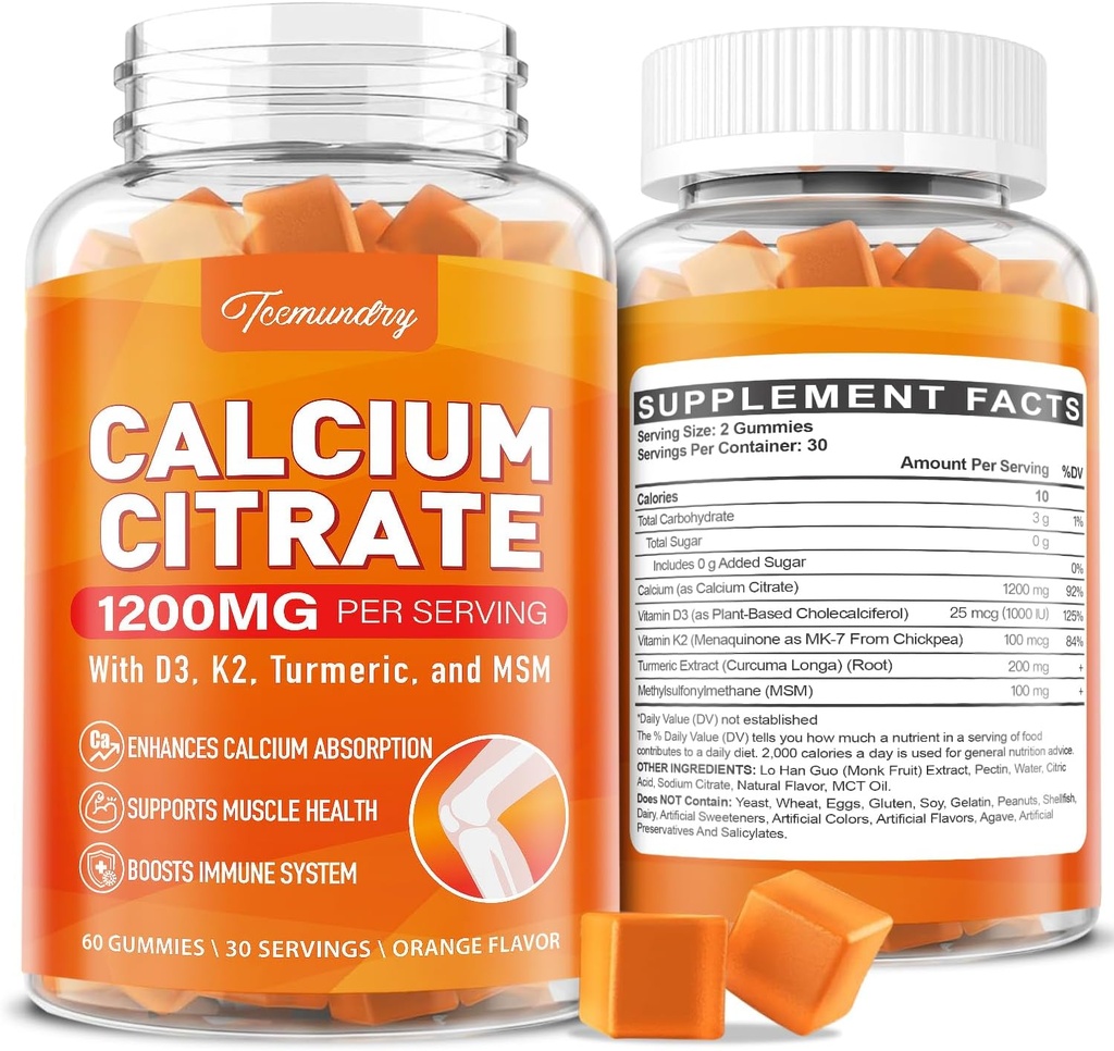 Wapń 1200 mg z witaminą D3 Suplement Gummies dla dorosłych: Ostateczna absorpcja Wapnia Cytrynian z witaminą D3 K2, Ekstrakt Turmeric, MSM dla kobiet