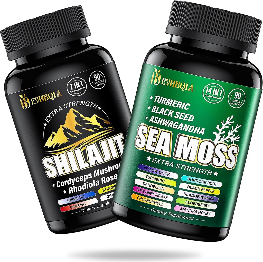 Sea Moss and shilajit Bundle - 90AD Count - Sea Moss, Black Seed Oil, Ashwagandha, Turmeric & Shilajit, Rhodiola Rosea, Burdock, Bladderwrack 21 w 1 Suplement (2 opakowania)