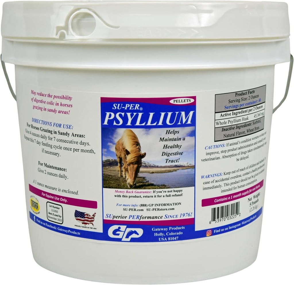 SU-PER Psyllium Pellets Equine Supplement - Maintains Healthy Digestive Tract in Horses - Supports Removal of Sand & Dirt from Intestinal Tract - 5 Pound, 1 Month Supply