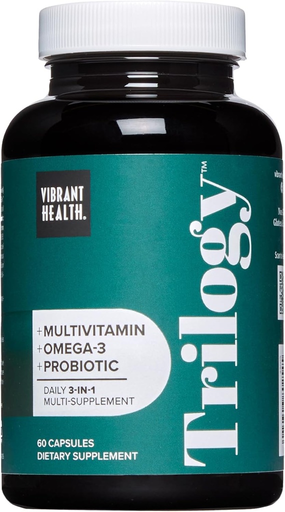 Wibracyjne Zdrowie, Trylogia, Probiotyczny Multiwitamina z zasadniczym mieszanką Omega-3, Witamina A, B12, C, D3, E, Selenium, Magnezu i cynku, 30 Służenie