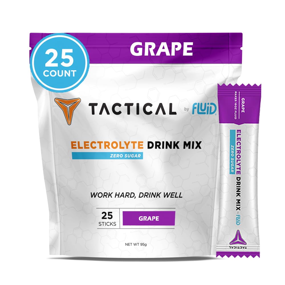 Fluid Tactical - Zero Sugar, Keto Electrolyte Powder, Pakiety nawadniające, Made in USA (Grape, 25 Count)