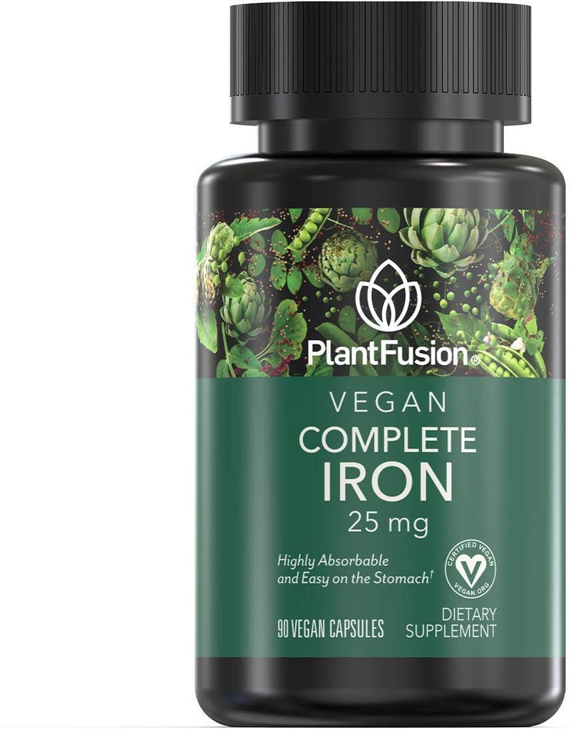 Dodatki do Żelaza PlantFusion Vegan z, Żelaza na bazie roślin Premium Suplementy dla Kobiet i Mężczyzn (25 mg), Plus Folate & B12, 90 Kapsułek Veggie