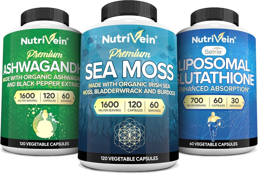 Żywotna żyłka Premium Irish Sea Moss Kapsułki, Ashwagandha i Liposomal Glutathione suplement Bundle: Sea Moss, Reduced Glutathione, & Ashwagandha Suplementy dla Immunitet, Mood, Trawienie, & Detox