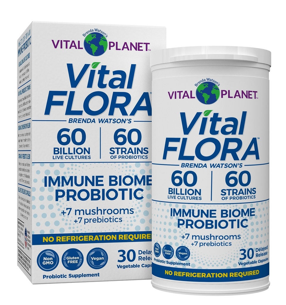 Vital Planet - Vital Flora Immune Support Probiotic, 60 Billion CFU, 60 Diverse Strains, 7 Organic Mushroom Supplement Mieszanka z Prebiotyki, Półka Stable Digestive Health Probiotyki 30 Kapsułki